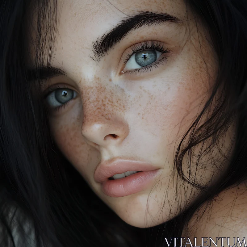 Freckled Woman with Blue Eyes Close-Up AI Image