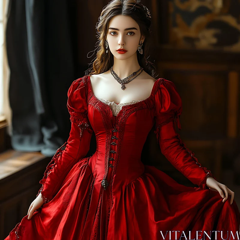 Graceful Victorian-Era Lady in Red AI Image