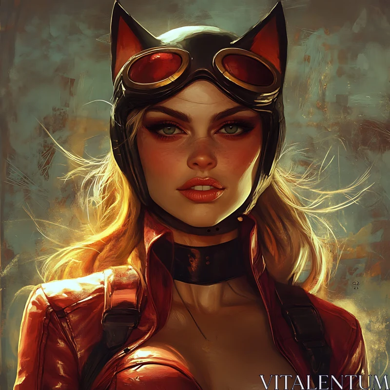 Confident Woman in Red Jacket with Cat Ears Helmet AI Image