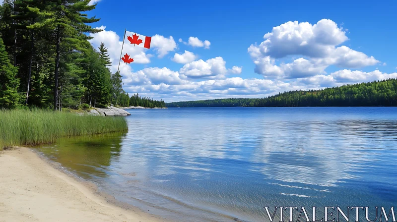 Calm Lake Surrounded by Forest and Sandy Shore AI Image