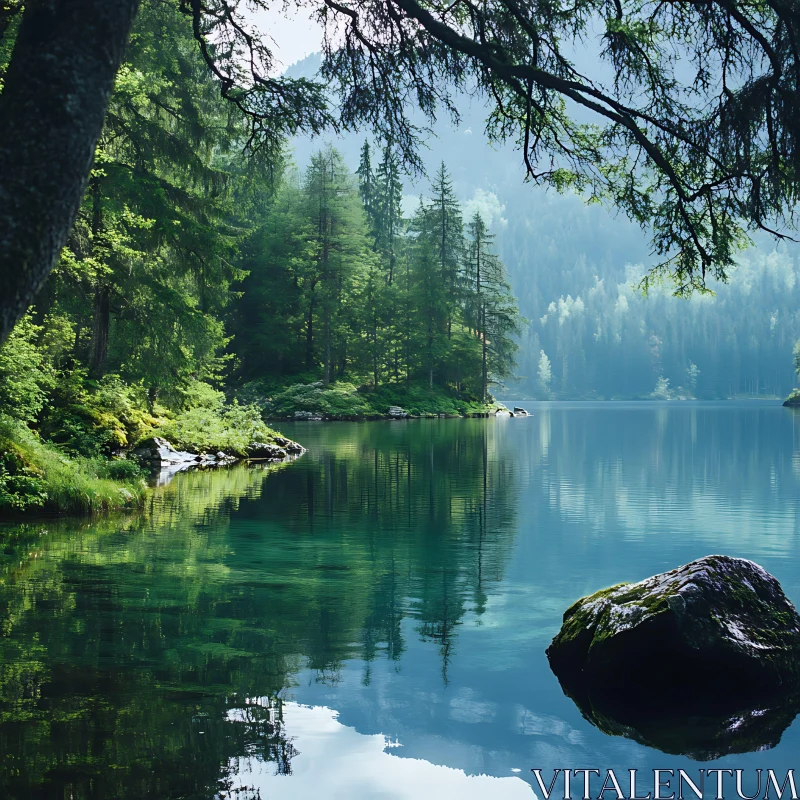 Calm Lake Amidst Verdant Forest AI Image