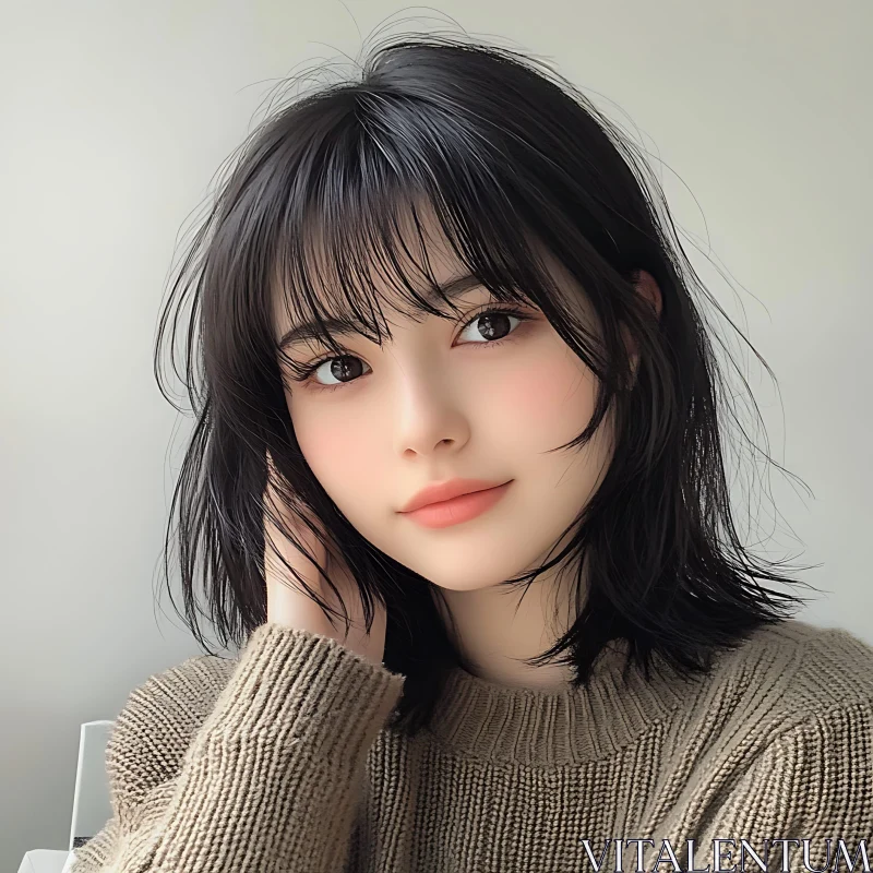 Serene Young Woman with Dark Hair in Cozy Knit Sweater AI Image