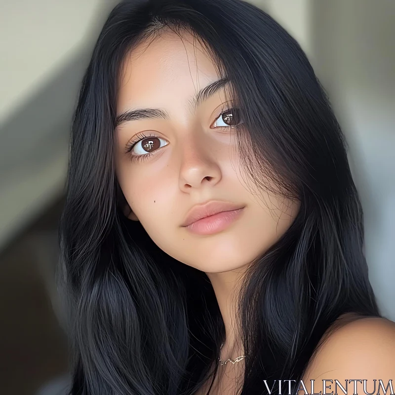 Young Woman's Serene Portrait with Black Hair and Brown Eyes AI Image