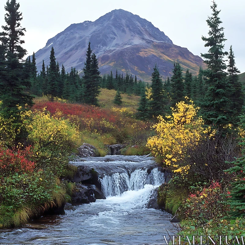 Tranquil Autumn Mountain Scene with Waterfall AI Image