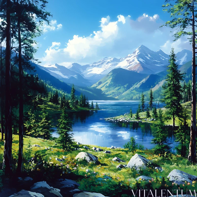 Tranquil Mountain Lake Landscape AI Image