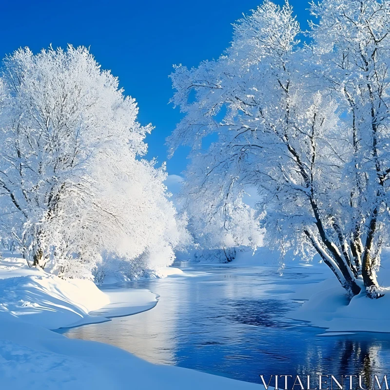 Winter Wonderland with Frozen River and Snowy Trees AI Image