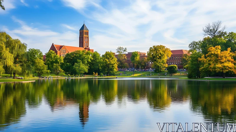 Picturesque Lake with Lush Foliage and Majestic Architecture AI Image