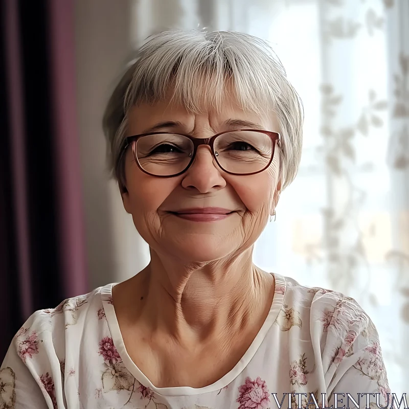 A Warm Smile of an Elderly Woman with Short White Hair AI Image