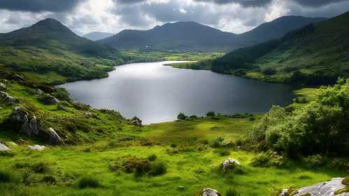 Tranquil Lake Reflecting Lush Greenery and Mountains