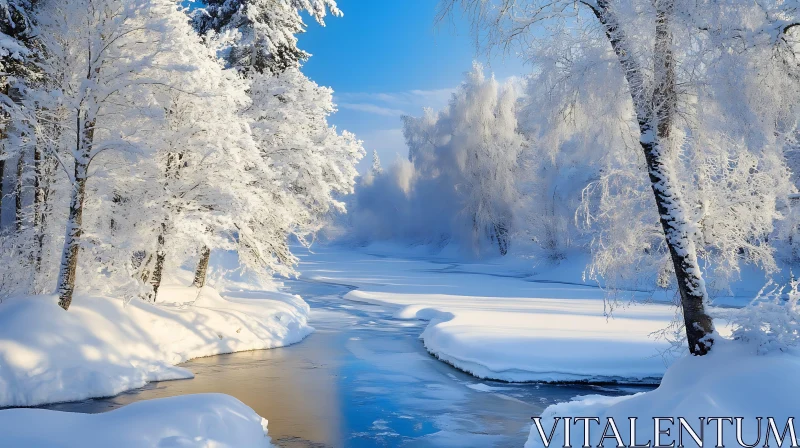 Tranquil Frozen River in a Snowy Forest AI Image