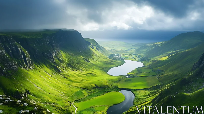 Green Valley and Serene Lake Landscape AI Image