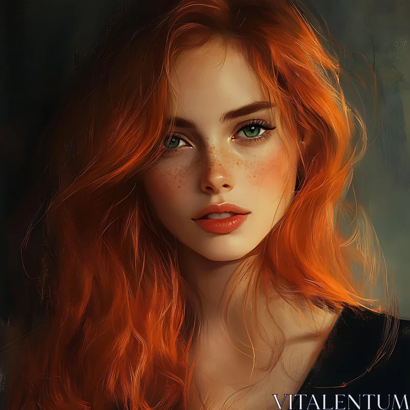 Artistic Portrait of a Redheaded Woman with Freckles AI Image