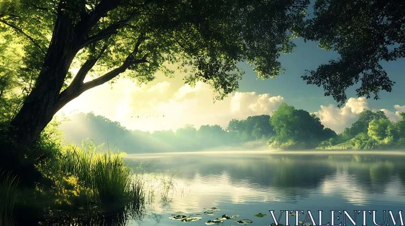 Tranquil Lakeside Scene with Sunlight AI Image