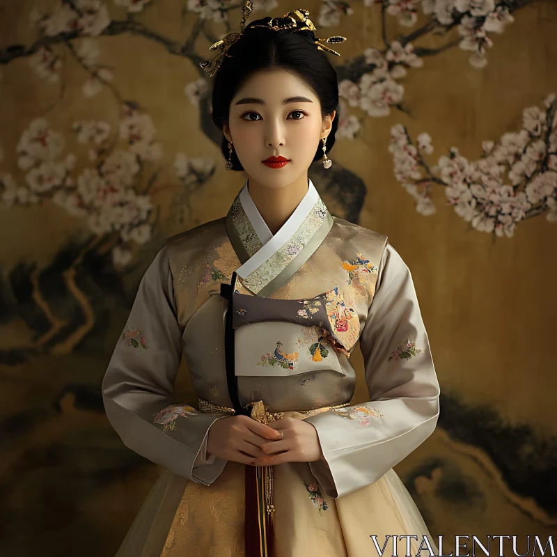 Traditional Hanbok Portrait with Cherry Blossoms AI Image