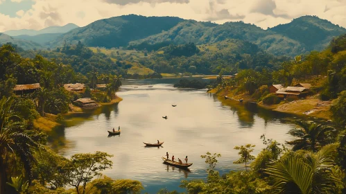 Tranquil River Scene with Boats and Scenic Villages