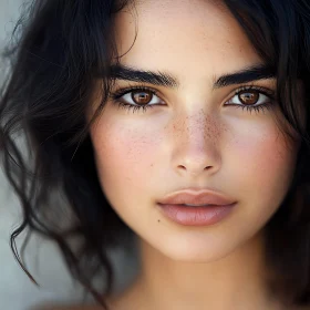 Serene Woman with Freckled Face and Brown Eyes