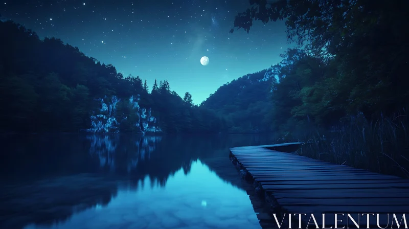 Moonlit Tranquility by the Forest Lake AI Image