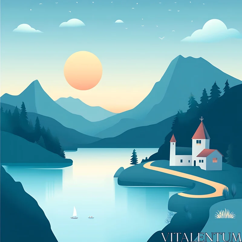 Peaceful Waterside Sunset with Castle and Boats AI Image