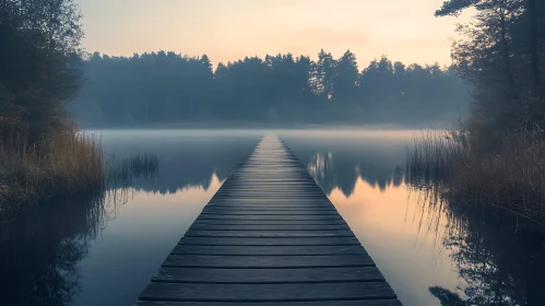 Tranquil Dawn over Misty Lake with Wooden Pier