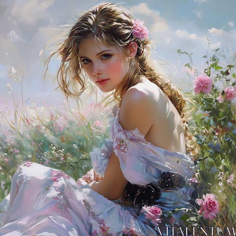 Serene Summer Flower Field Portrait AI Image