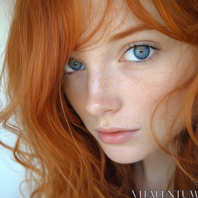 Close-up Portrait of a Freckled Redhead with Striking Blue Eyes AI Image