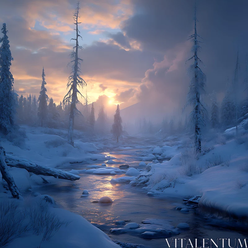 Golden Winter Sunset Over Snow-Covered Stream AI Image