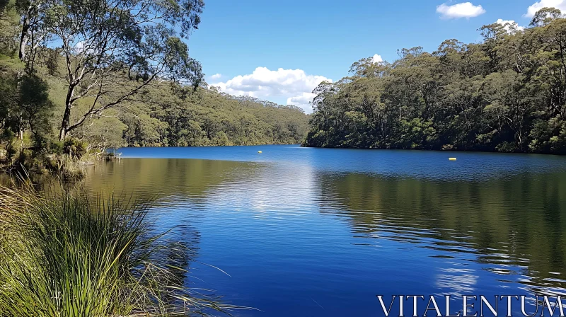 Tranquil Lake in the Heart of Lush Forest AI Image