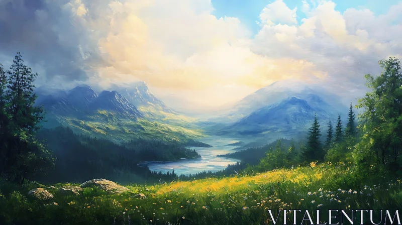 Idyllic Meadow and Mountain Scene AI Image