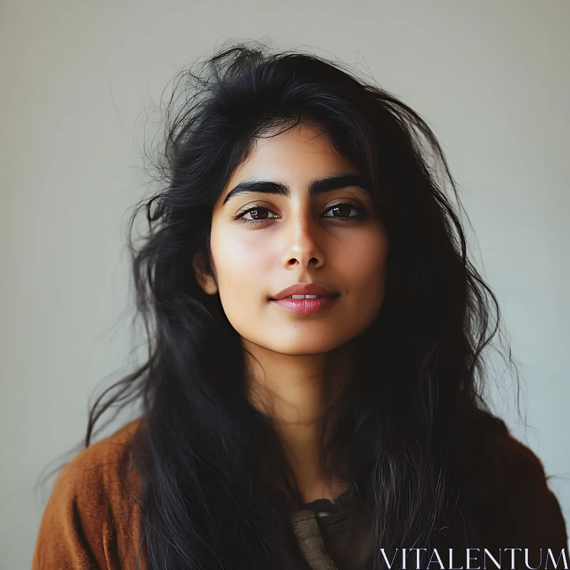 Woman's Portrait with Expressive Eyes and Natural Lighting AI Image