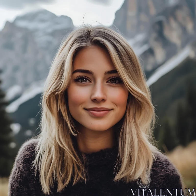 Portrait of a Blonde Woman with Mountain Scenery AI Image