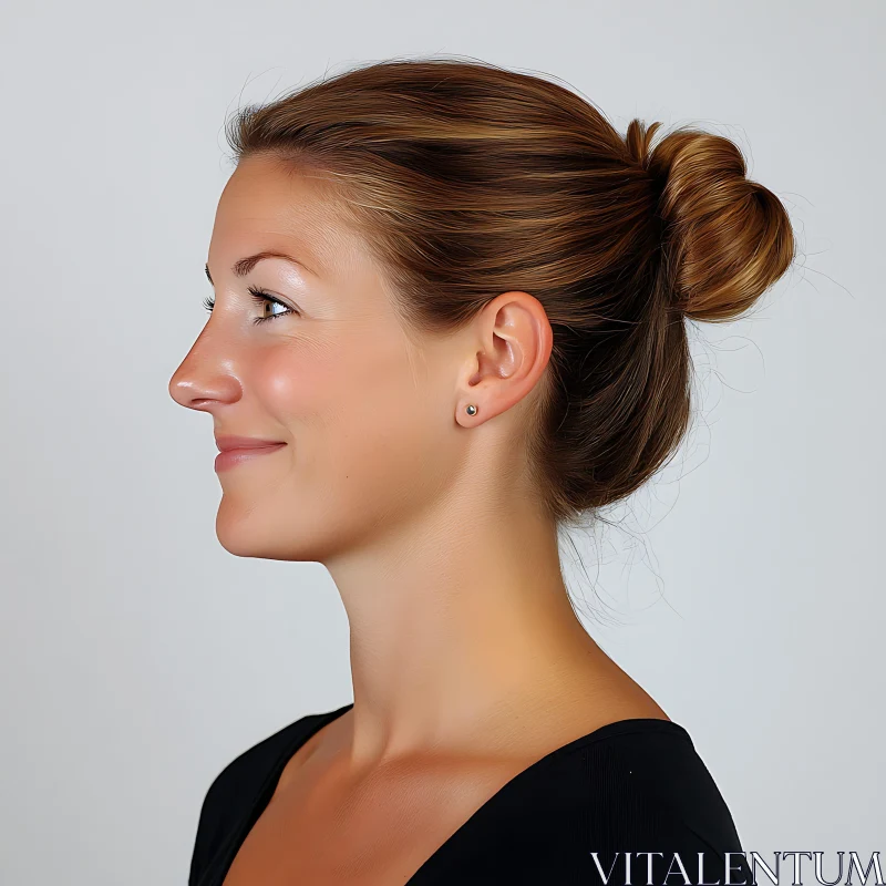 Side View of a Woman with Smooth Skin and Bun Hairstyle AI Image