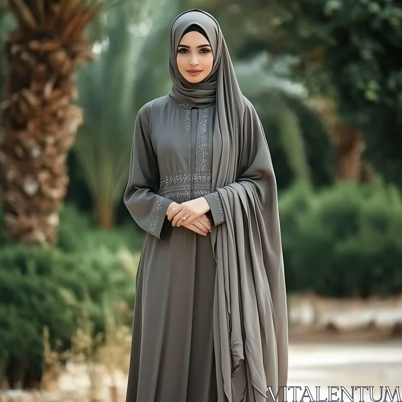 Graceful Hijab-Clad Woman in Lush Park AI Image