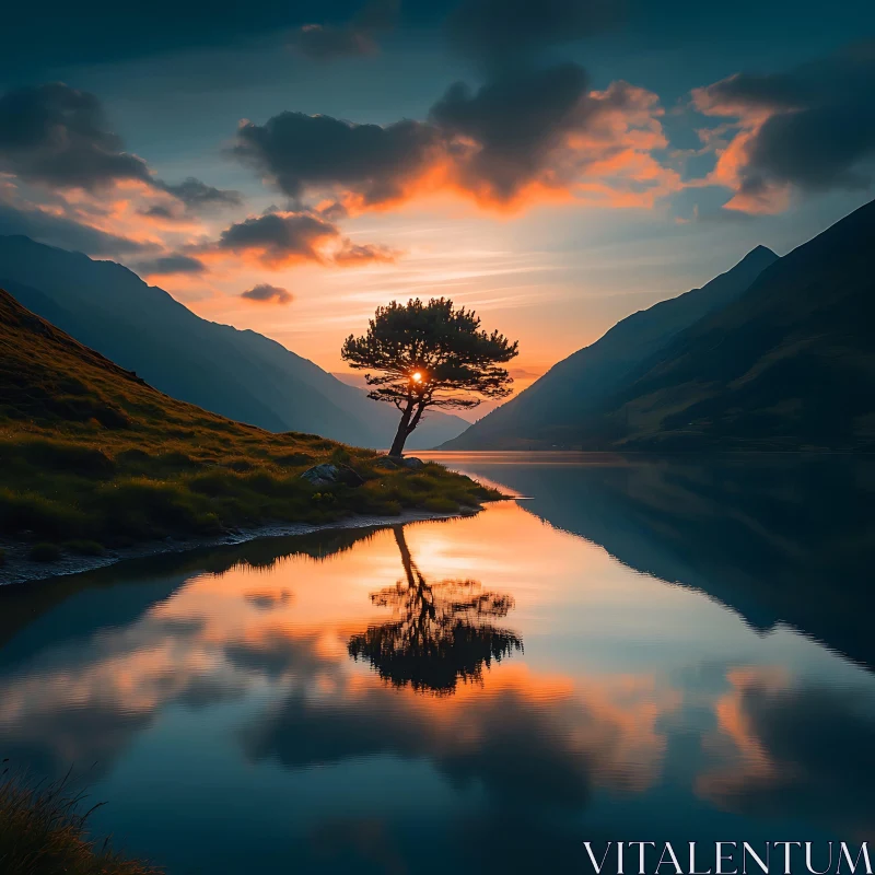 Solitary Tree at Sunset by a Mountain Lake AI Image