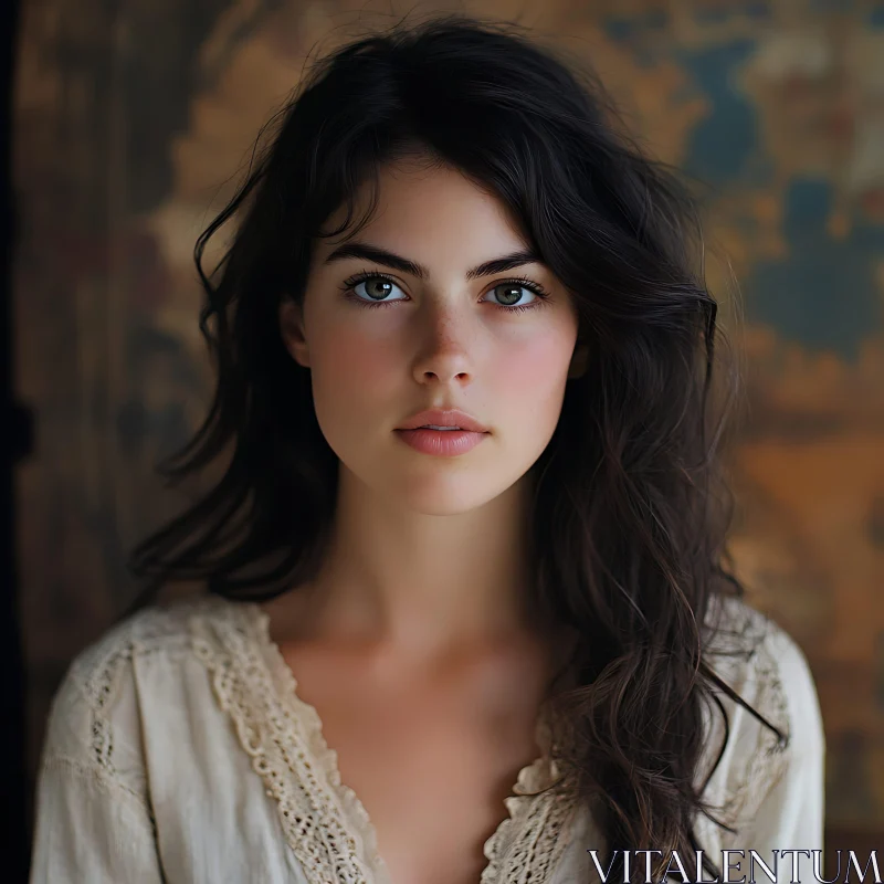 Calm Portrait of a Young Woman in Beige Blouse AI Image