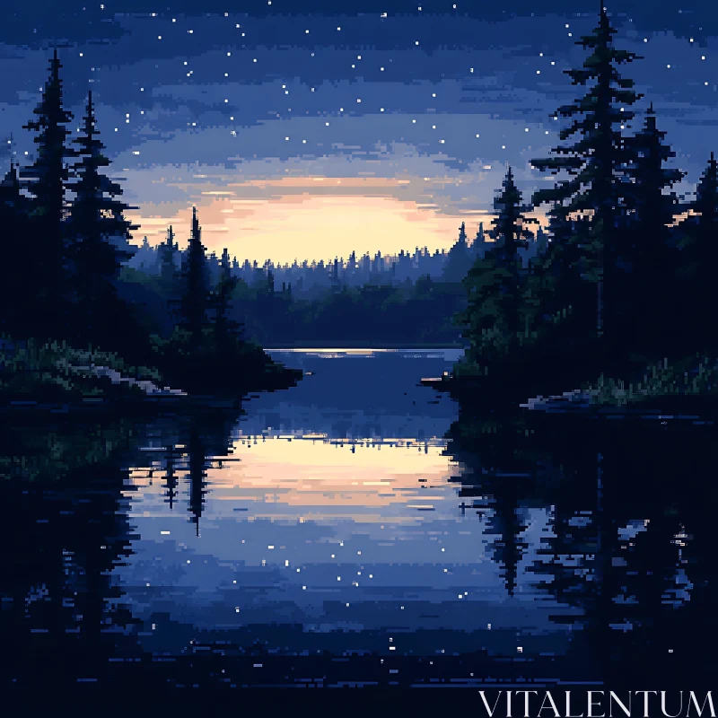 Calm Lake at Night with Stars and Trees AI Image