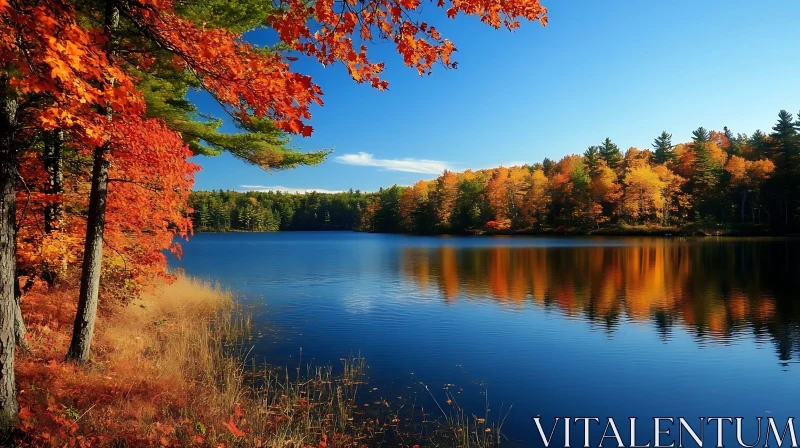 Serene Autumn Landscape with Reflective Lake and Colorful Trees AI Image