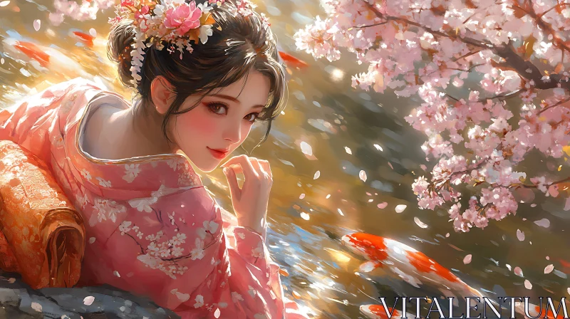 Springtime Serenity with Cherry Blossoms and Koi AI Image