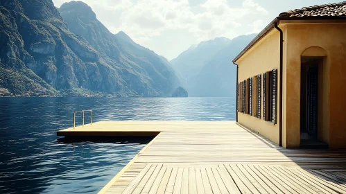 Tranquil Lake and Mountain Landscape with Pier and House