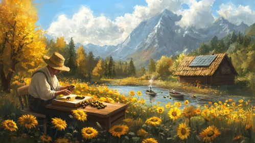 Sunflower Meadow Beekeeping Scene