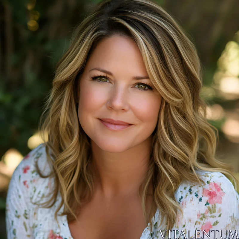 Smiling Woman in Floral Blouse AI Image