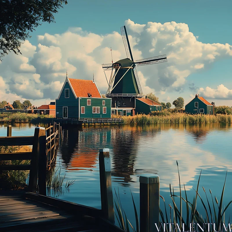 Serene Landscape with Windmill and Reflective Lake AI Image