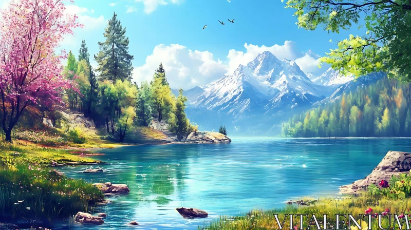 Tranquil Lake Scene with Forest and Mountains AI Image