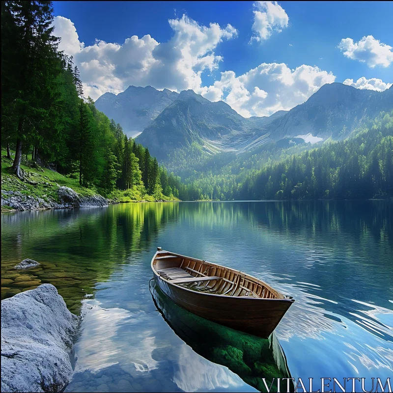 Tranquil Lake with Mountains and Boat AI Image