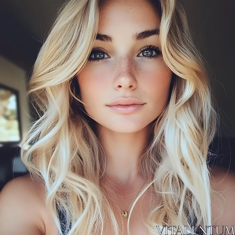 Blonde Woman with Freckles and Serene Expression AI Image