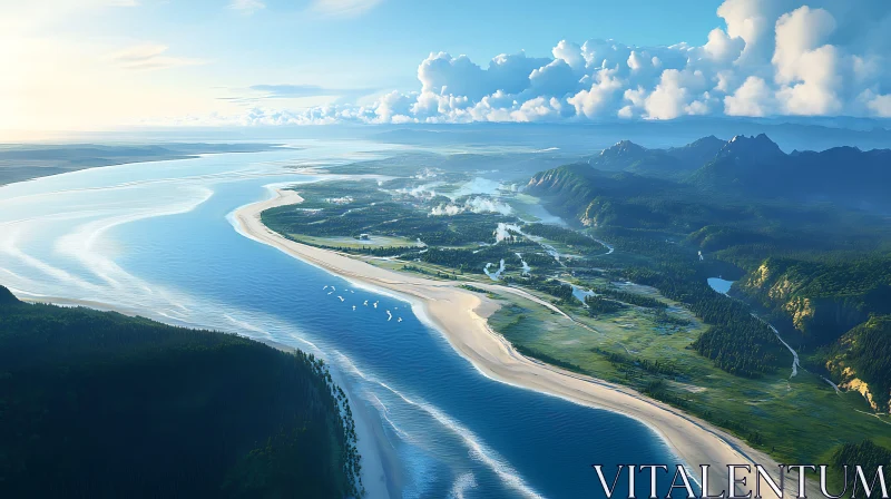 Serene Coastal River Scene from Above AI Image