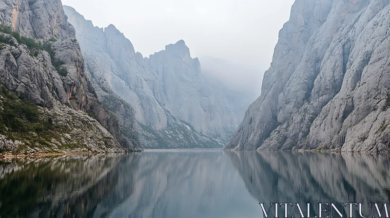 Tranquil Misty Lake Surrounded by Cliffs AI Image