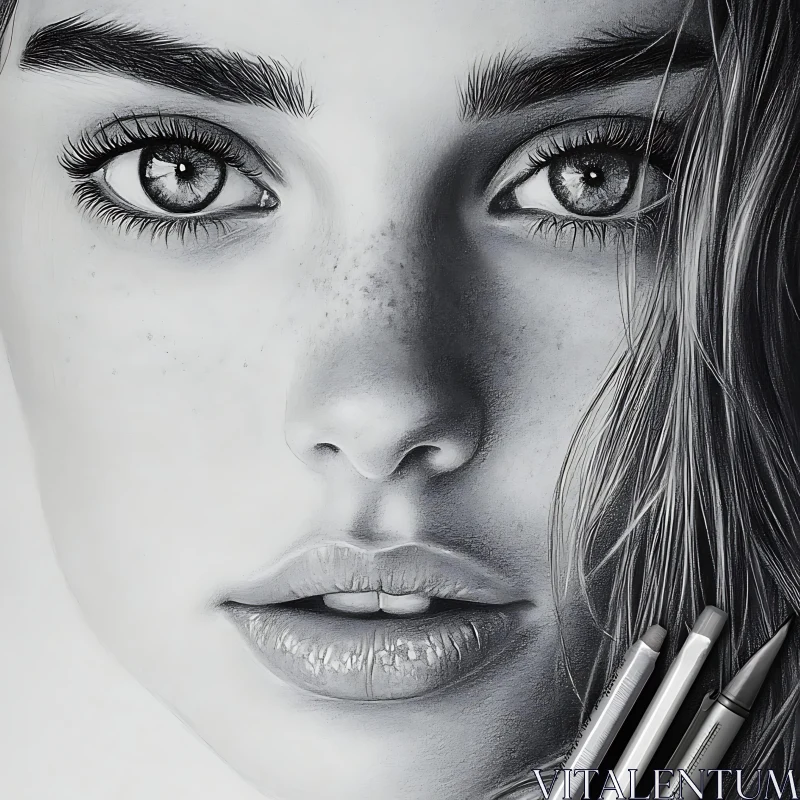 Realistic Black and White Portrait with Pencil AI Image