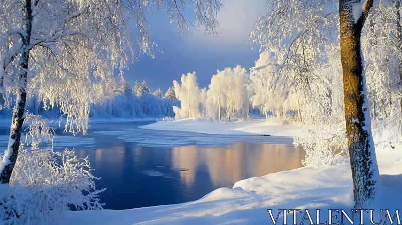 Peaceful Snowy Scene with Icy Lake and Frosty Trees AI Image