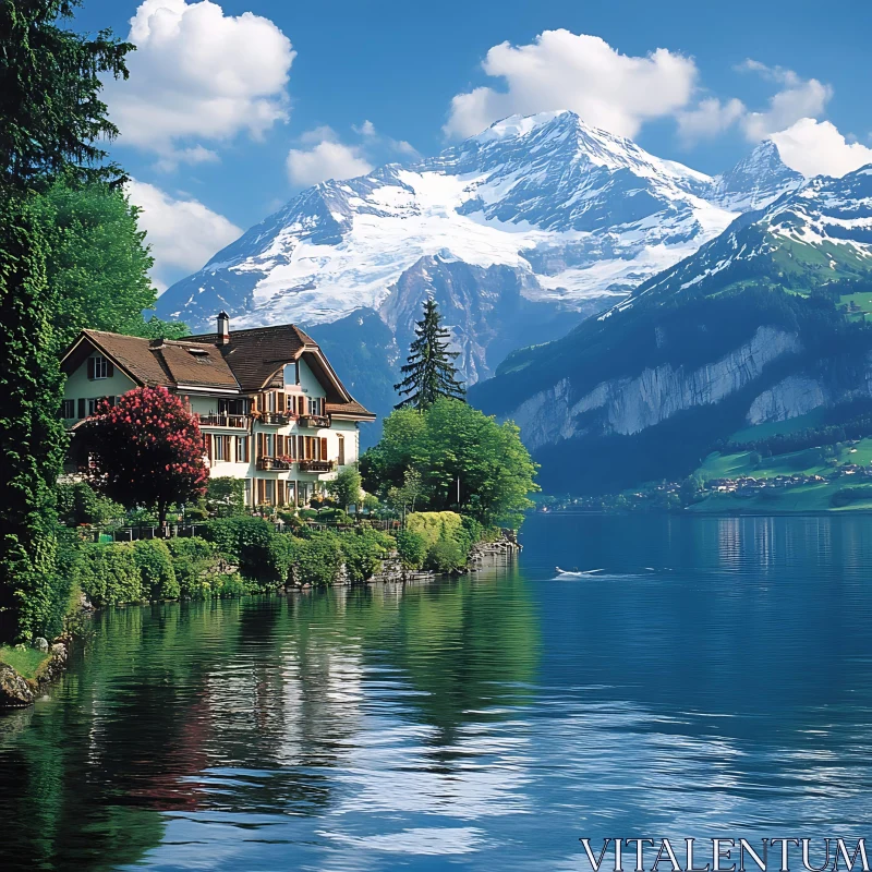 Serene Lake with Mountain Background and Cozy House AI Image