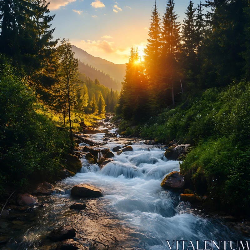 Sunset Over River and Forest Landscape AI Image